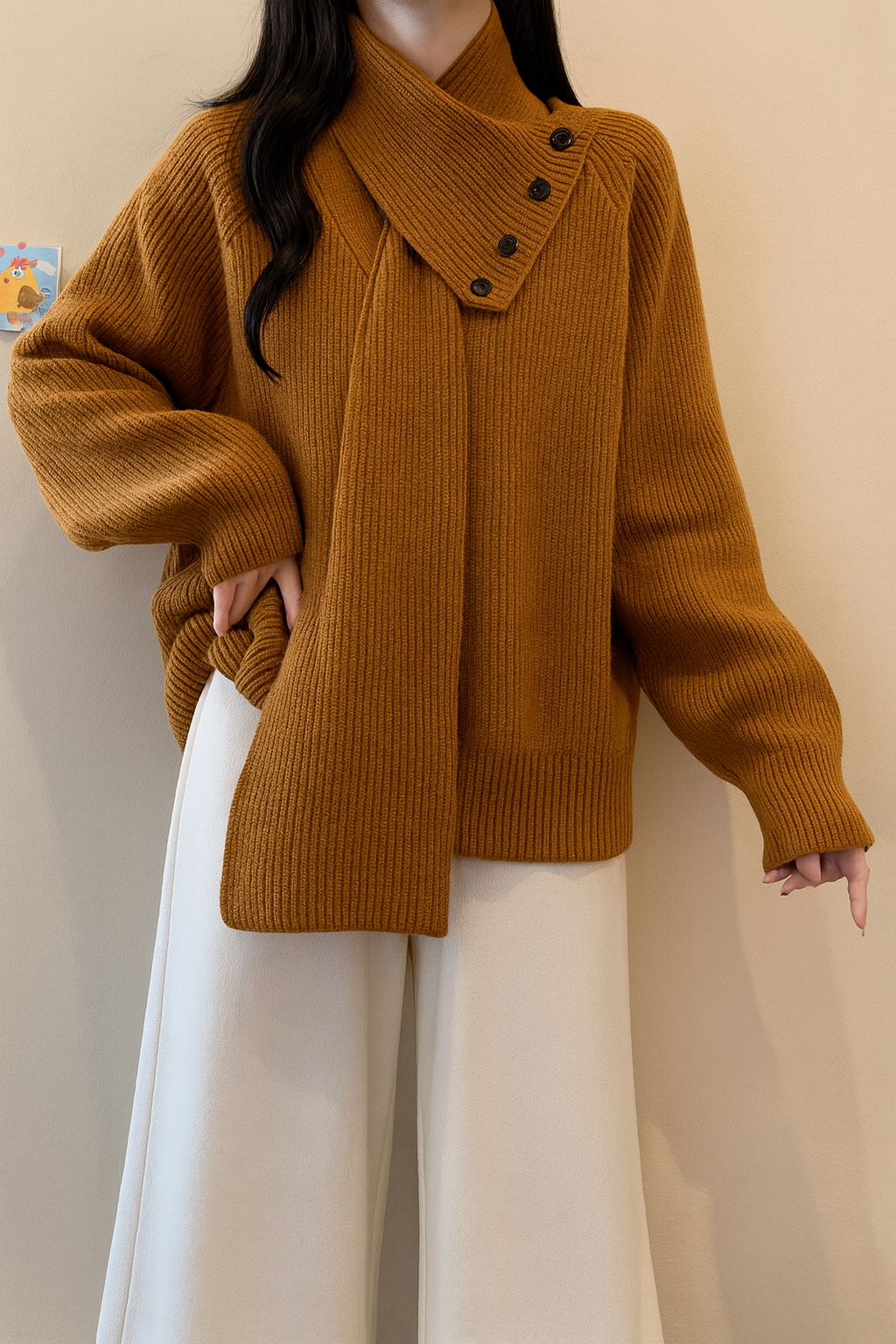 Detachable Scarf V Neck Sweater