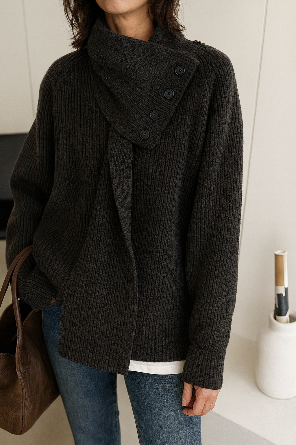 Detachable Scarf V Neck Sweater